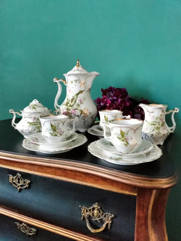 Konwaliowy secesyjny porcelanowy zestaw (14 elementów)