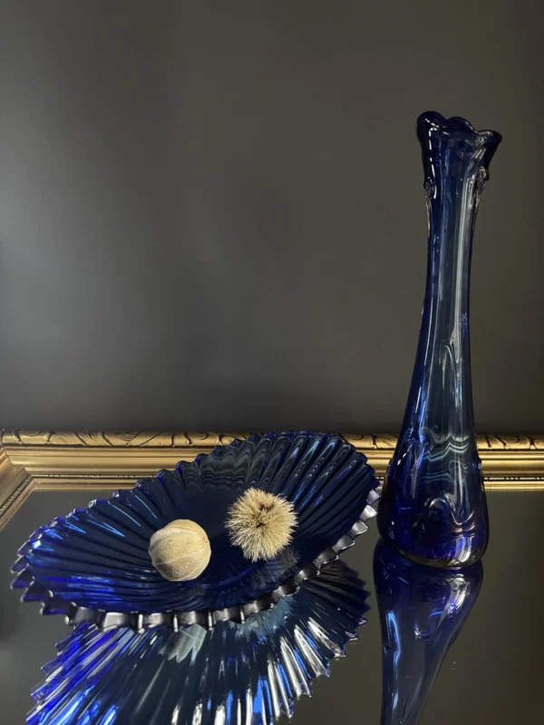 Zestaw szklany vintage  wazon sękacz i patera „Niebieskie fale”